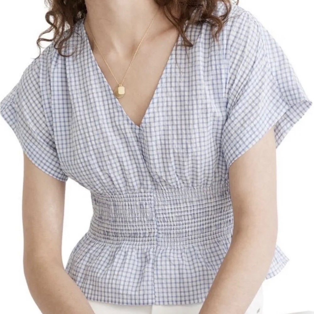 Madewell V Neck Smocked Waist Top in Gingham